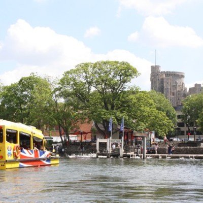 a bus traveling down a river