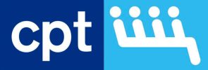 Blue logo with 'cpt' and white graphic of four abstract seated figures.