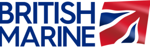 Logo with text 'British Marine' and stylized red, white, and blue wave design.